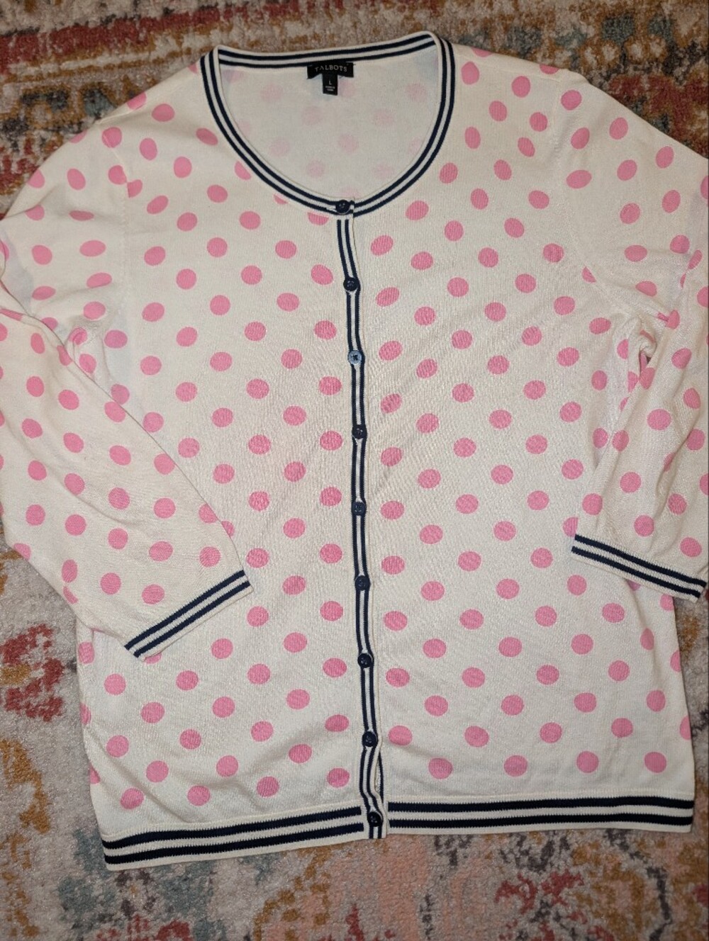 Talbots Women's L Cream Cardigan Pink Polka Dots Navy Trim Coquette Feminine